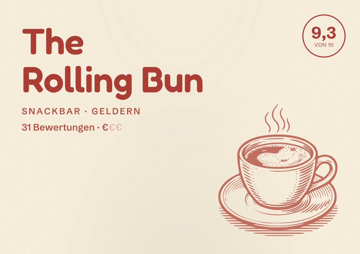 Illustriertes Poster von The Rolling Bun, Snackbar in Geldern: Bewertung 9,3 von 10 aus 31 Bewertungen, Preisniveau €