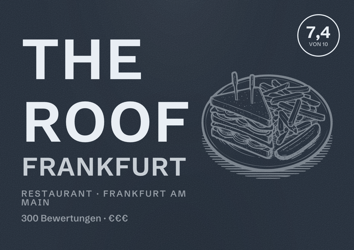 Illustriertes Poster von THE ROOF Frankfurt, Restaurant in Frankfurt am Main: Bewertung 7,4 von 10 aus 300 Bewertungen, Preisniveau €€€