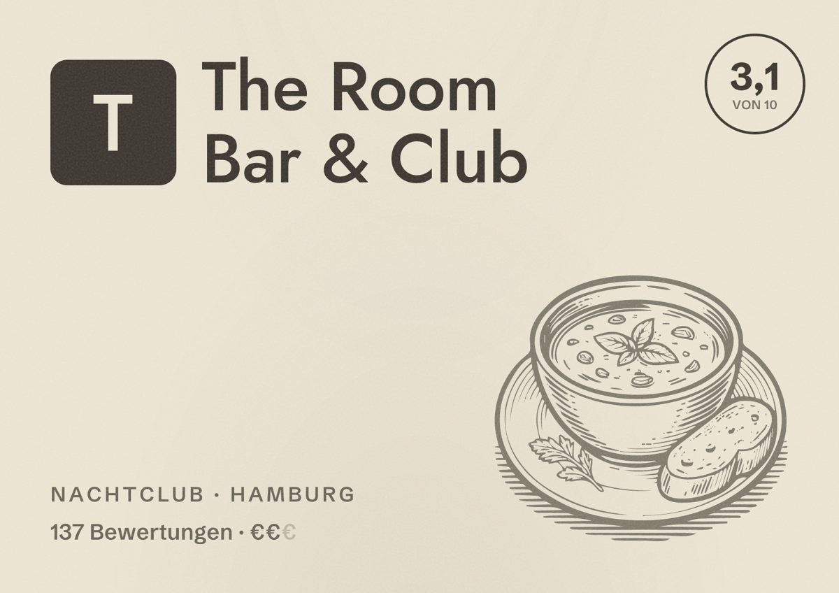 Illustriertes Poster von The Room Bar & Club, Nachtclub in Hamburg: Bewertung 3,1 von 10 aus 137 Bewertungen, Preisniveau €€