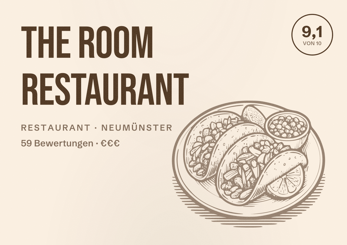 Illustriertes Poster von The room restaurant, Restaurant in Neumünster: Bewertung 9,1 von 10 aus 59 Bewertungen, Preisniveau €€€