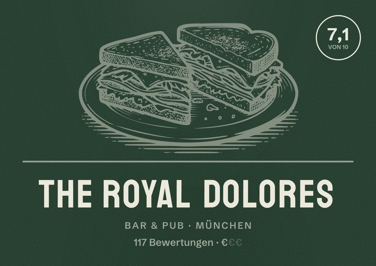 Illustriertes Poster von The Royal Dolores, Bar & Pub in München: Bewertung 7,1 von 10 aus 117 Bewertungen, Preisniveau €