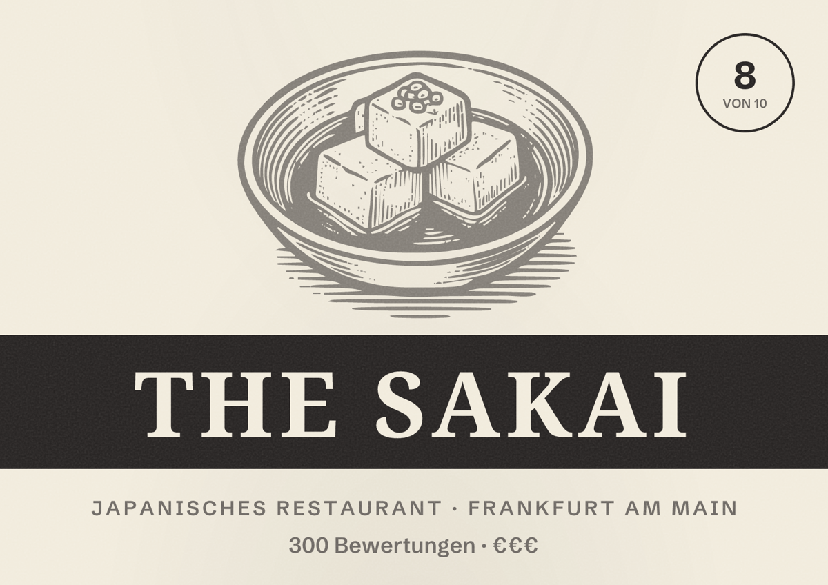Illustriertes Poster von The Sakai, Japanisches Restaurant in Frankfurt am Main: Bewertung 8,0 von 10 aus 300 Bewertungen, Preisniveau €€€