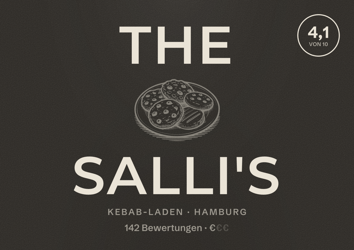 Illustriertes Poster von The Salli's, Kebab-Laden in Hamburg: Bewertung 4,1 von 10 aus 142 Bewertungen, Preisniveau €
