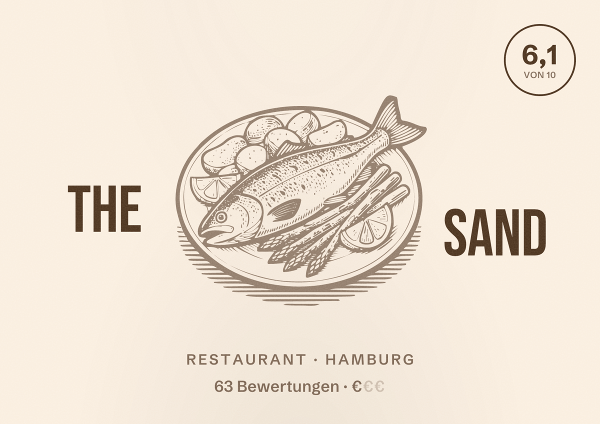 Illustriertes Poster von The Sand, Restaurant in Hamburg: Bewertung 6,1 von 10 aus 63 Bewertungen, Preisniveau €