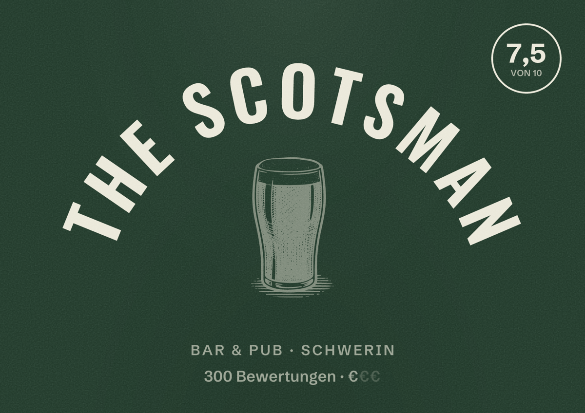 Illustriertes Poster von The Scotsman, Bar & Pub in Schwerin: Bewertung 7,5 von 10 aus 300 Bewertungen, Preisniveau €