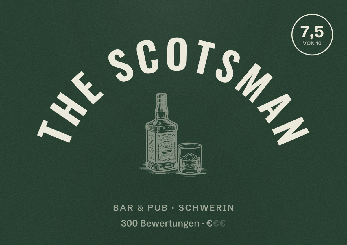 Illustriertes Poster von The Scotsman, Bar & Pub in Schwerin: Bewertung 7,5 von 10 aus 300 Bewertungen, Preisniveau €