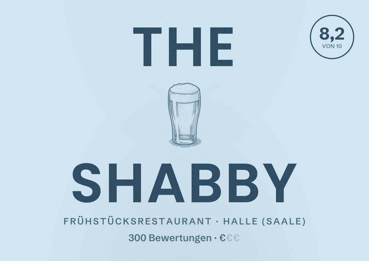 Illustriertes Poster von The Shabby, Frühstücksrestaurant in Halle (Saale): Bewertung 8,2 von 10 aus 300 Bewertungen, Preisniveau €