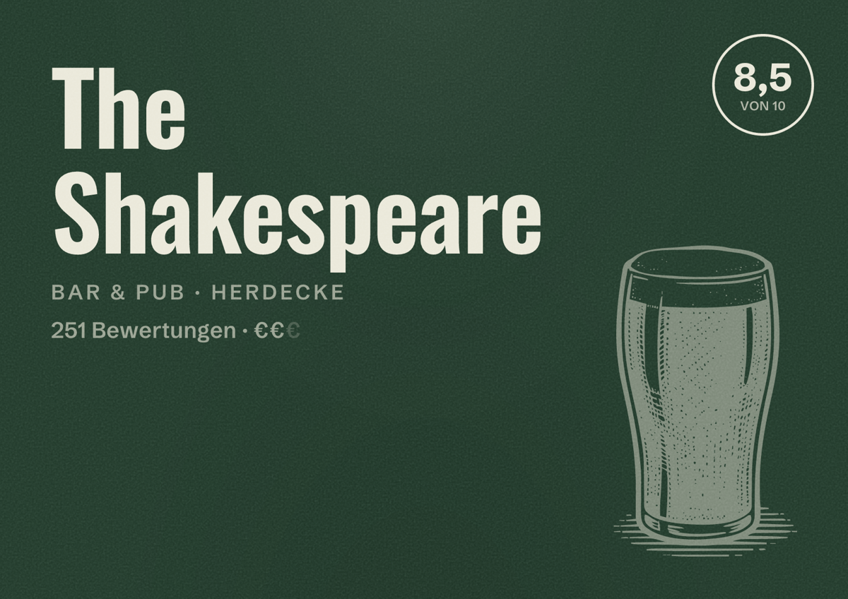 Illustriertes Poster von The Shakespeare, Bar & Pub in Herdecke: Bewertung 8,5 von 10 aus 251 Bewertungen, Preisniveau €€