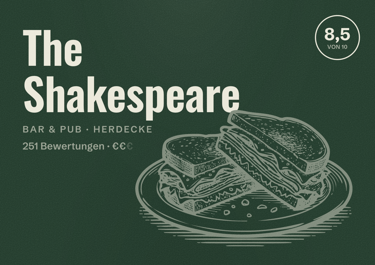 Illustriertes Poster von The Shakespeare, Bar & Pub in Herdecke: Bewertung 8,5 von 10 aus 251 Bewertungen, Preisniveau €€