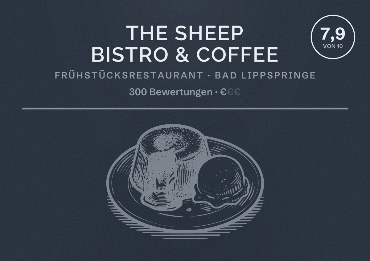 Illustriertes Poster von The Sheep Bistro & Coffee, Frühstücksrestaurant in Bad Lippspringe: Bewertung 7,9 von 10 aus 300 Bewertungen, Preisniveau €