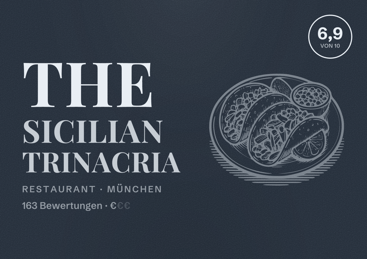 Illustriertes Poster von The Sicilian Trinacria, Restaurant in München: Bewertung 6,9 von 10 aus 163 Bewertungen, Preisniveau €