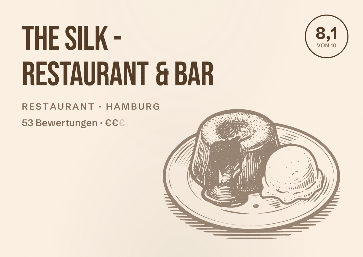 Illustriertes Poster von THE SILK - Restaurant & Bar, Restaurant in Hamburg: Bewertung 8,1 von 10 aus 53 Bewertungen, Preisniveau €€