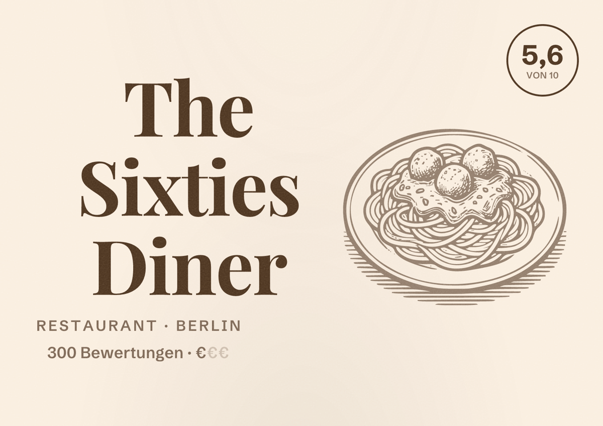 Illustriertes Poster von The Sixties Diner, Restaurant in Berlin: Bewertung 5,6 von 10 aus 300 Bewertungen, Preisniveau €