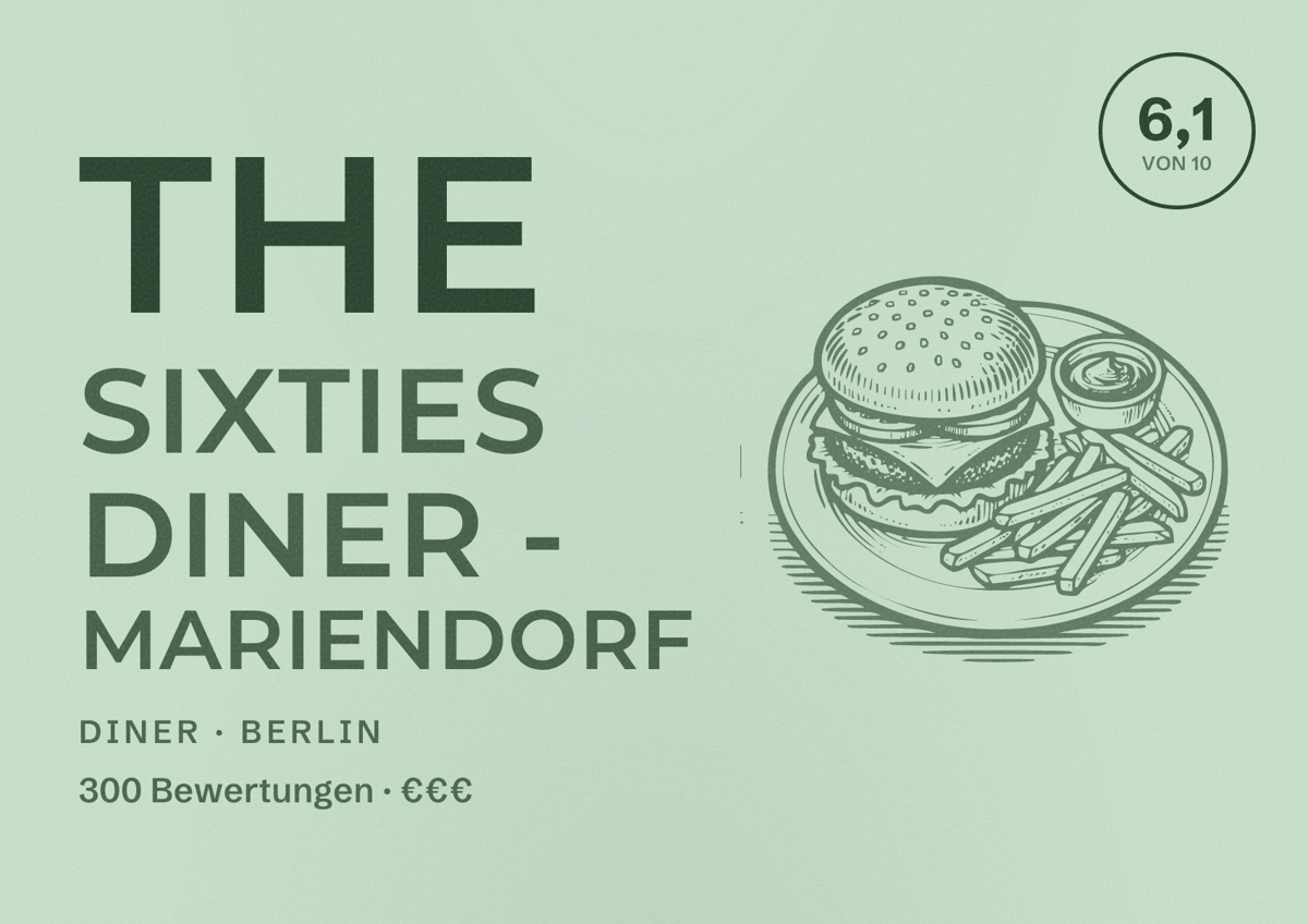 Illustriertes Poster von The Sixties Diner - Mariendorf, Diner in Berlin: Bewertung 6,1 von 10 aus 300 Bewertungen, Preisniveau €€€