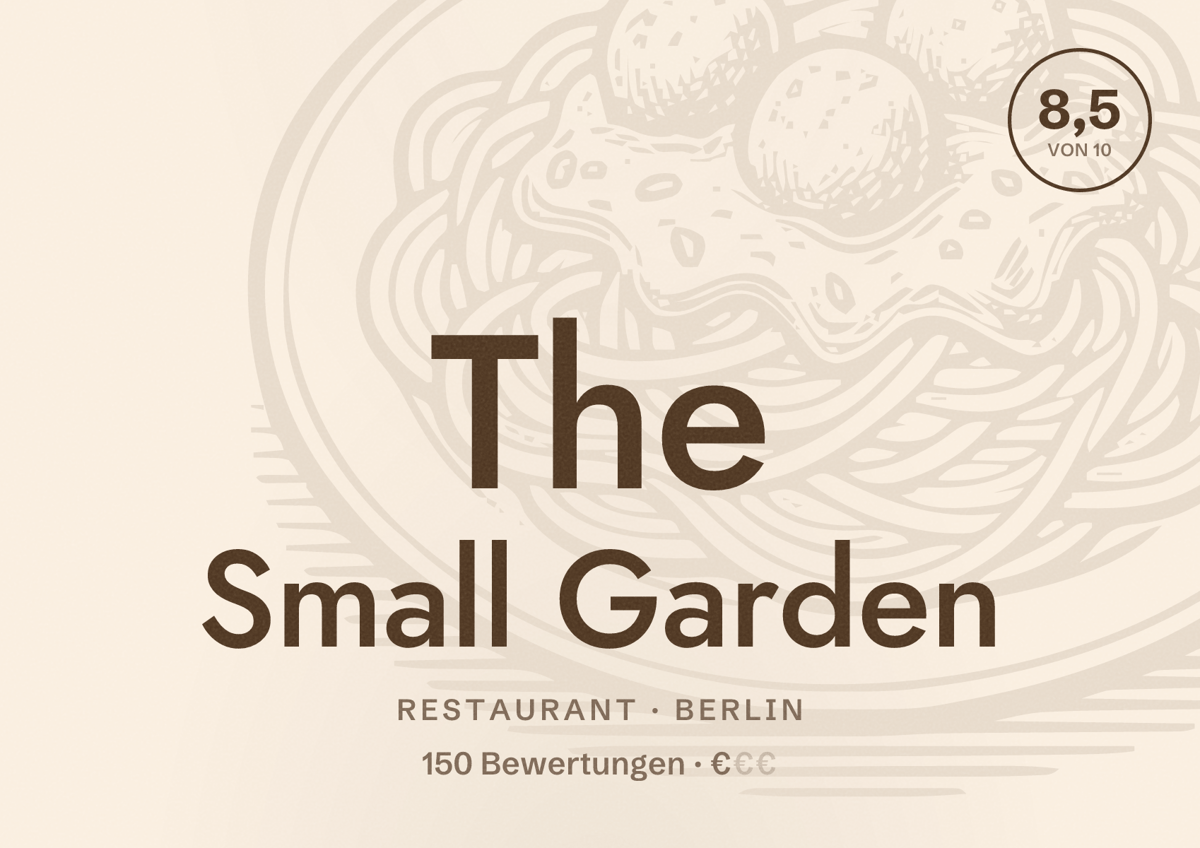 Illustriertes Poster von The Small Garden, Restaurant in Berlin: Bewertung 8,5 von 10 aus 150 Bewertungen, Preisniveau €