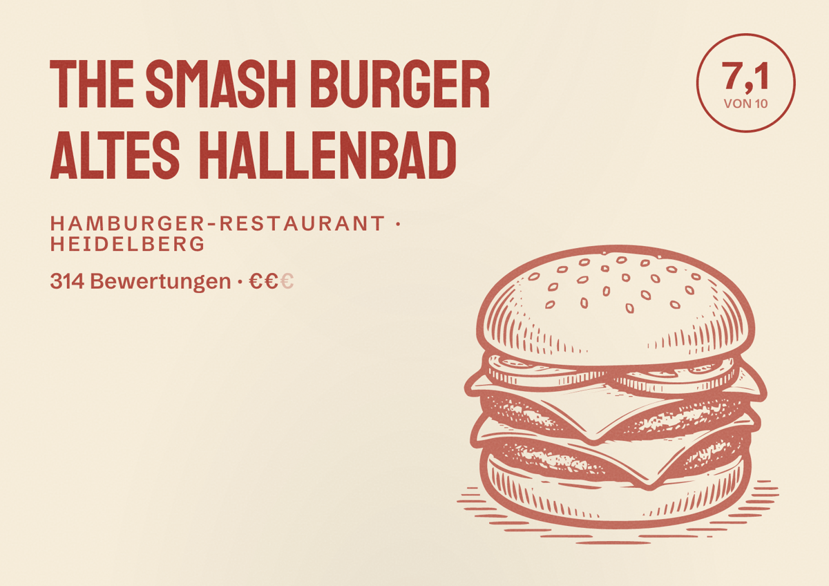Illustriertes Poster von The Smash Burger Altes Hallenbad, Hamburger-Restaurant in Heidelberg: Gästebewertung 7,1 von 10 aus 314 Bewertungen