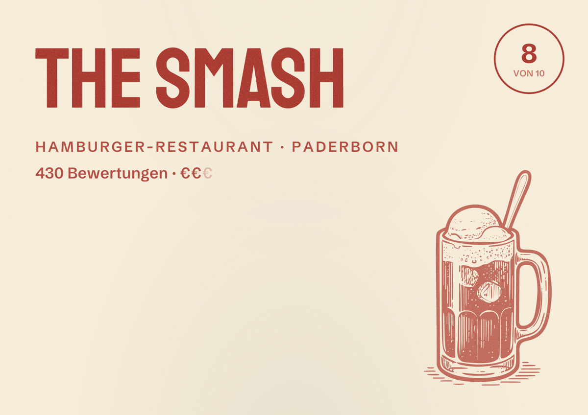 Illustriertes Poster von The Smash, Hamburger-Restaurant in Paderborn: Bewertung 8,0 von 10 aus 430 Bewertungen, Preisniveau €€