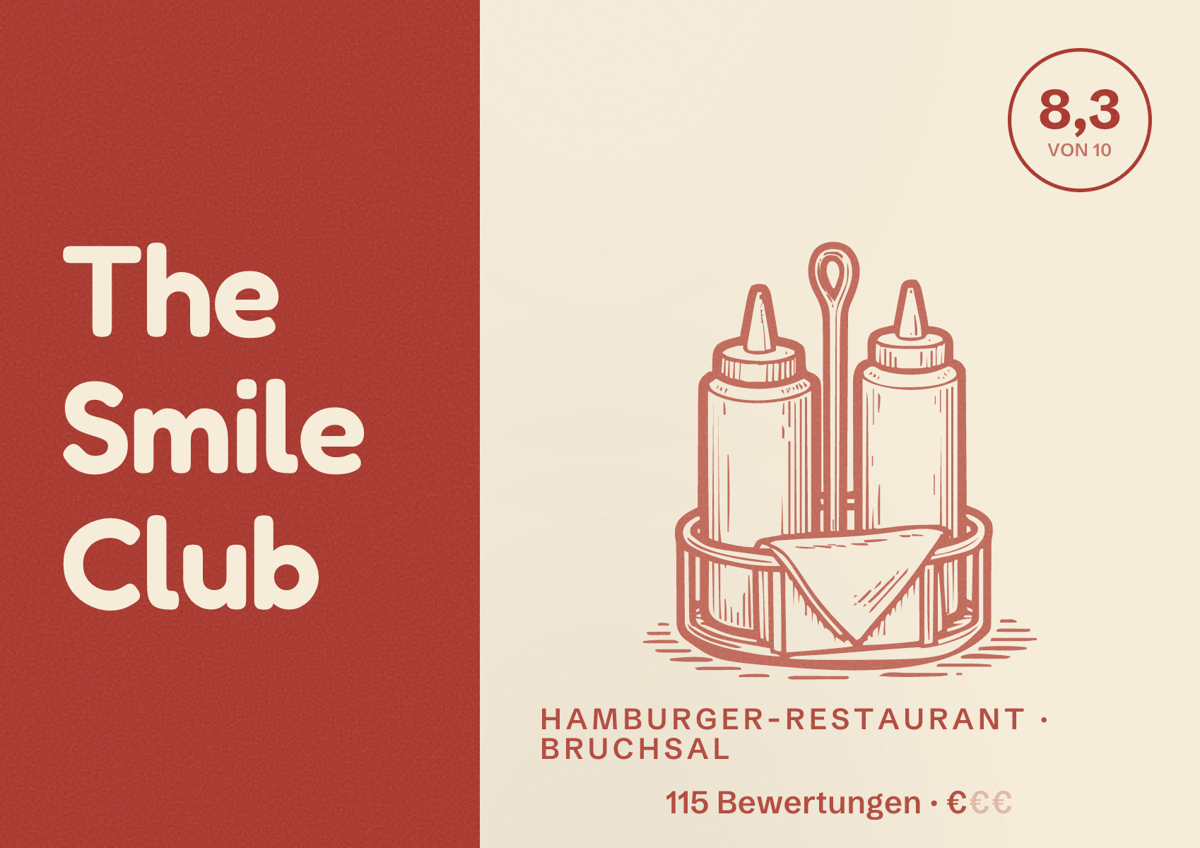 Illustriertes Poster von The Smile Club, Hamburger-Restaurant in Bruchsal: Bewertung 8,3 von 10 aus 115 Bewertungen, Preisniveau €