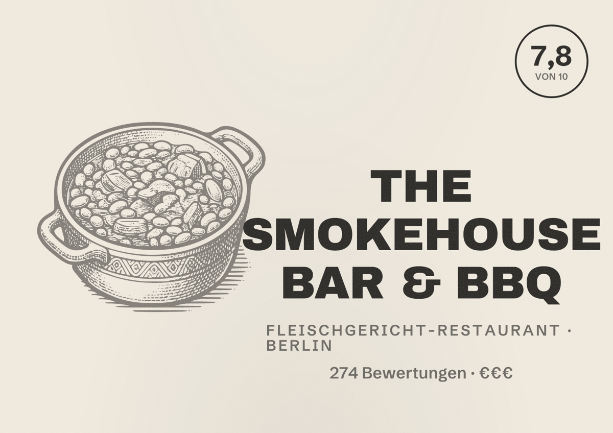 Illustriertes Poster von THE SMOKEHOUSE BAR & BBQ, Fleischgericht-Restaurant in Berlin: Bewertung 7,8 von 10 aus 274 Bewertungen, Preisniveau €€€
