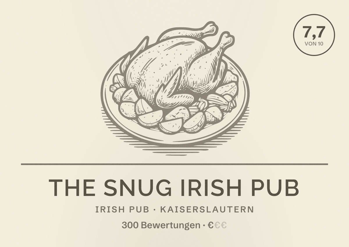 Illustriertes Poster von The Snug Irish Pub, Irish Pub in Kaiserslautern: Bewertung 7,7 von 10 aus 300 Bewertungen, Preisniveau €