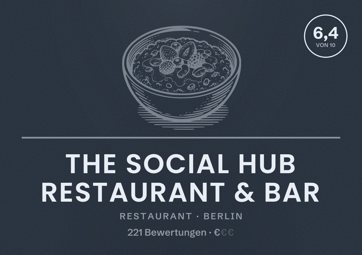 Illustriertes Poster von The Social Hub Restaurant & Bar, Restaurant in Berlin: Bewertung 6,4 von 10 aus 221 Bewertungen, Preisniveau €