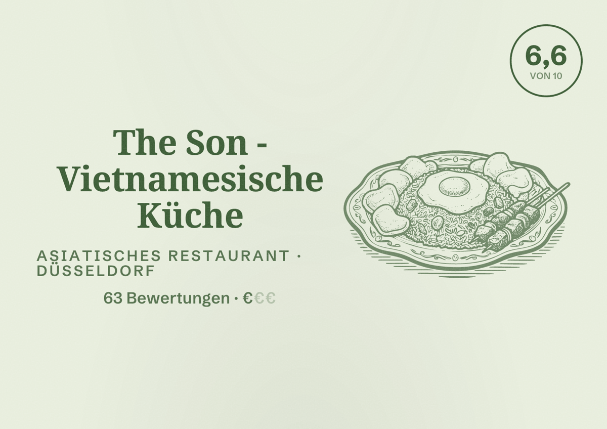 Illustriertes Poster von The Son - Vietnamesische Küche, Asiatisches Restaurant in Düsseldorf: Bewertung 6,6 von 10 aus 63 Bewertungen, Preisniveau €