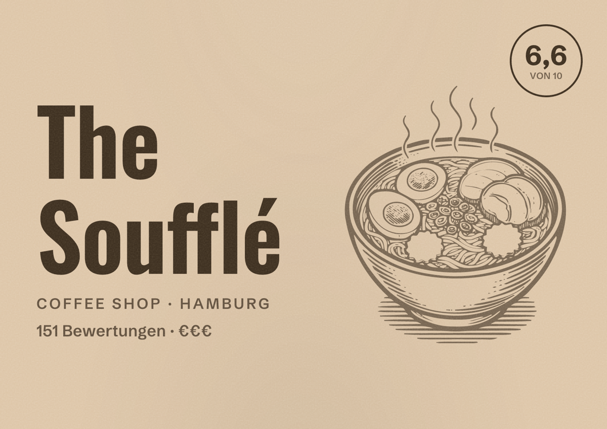 Illustriertes Poster von The Soufflé, Coffee Shop in Hamburg: Bewertung 6,6 von 10 aus 151 Bewertungen, Preisniveau €€€