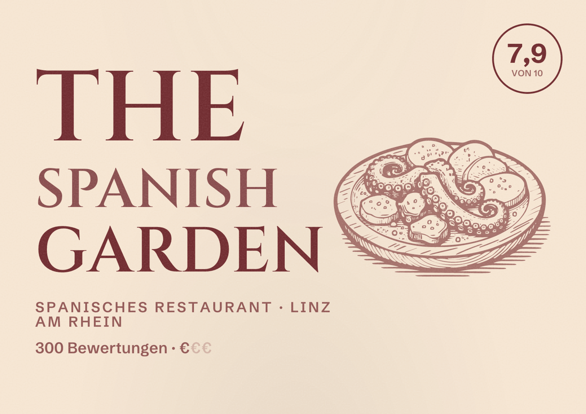Illustriertes Poster von The Spanish Garden, Spanisches Restaurant in Linz am Rhein: Bewertung 7,9 von 10 aus 300 Bewertungen, Preisniveau €