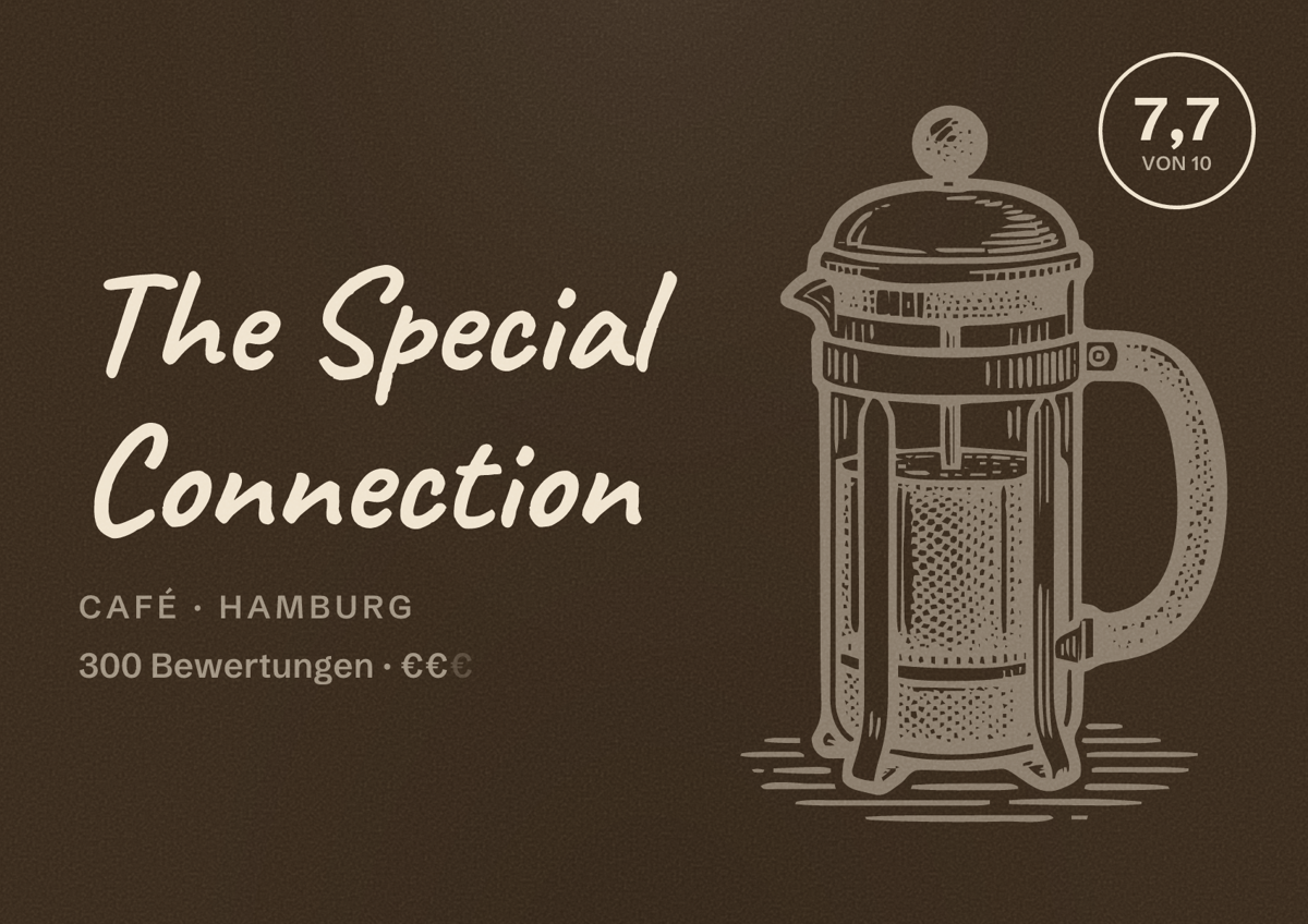 Illustriertes Poster von The Special Connection, Café in Hamburg: Bewertung 7,7 von 10 aus 300 Bewertungen, Preisniveau €€
