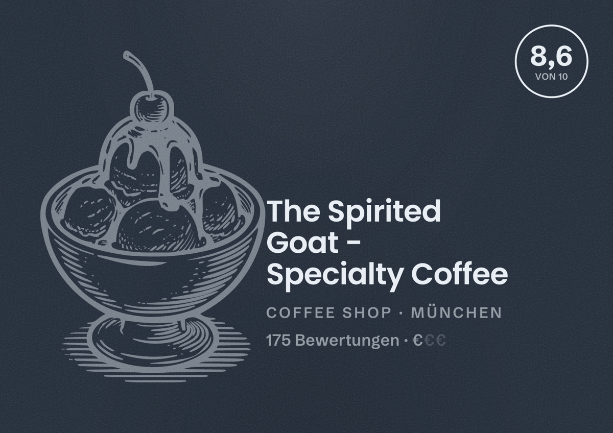 Illustriertes Poster von The Spirited Goat - Specialty Coffee, Coffee Shop in München: Bewertung 8,6 von 10 aus 175 Bewertungen, Preisniveau €