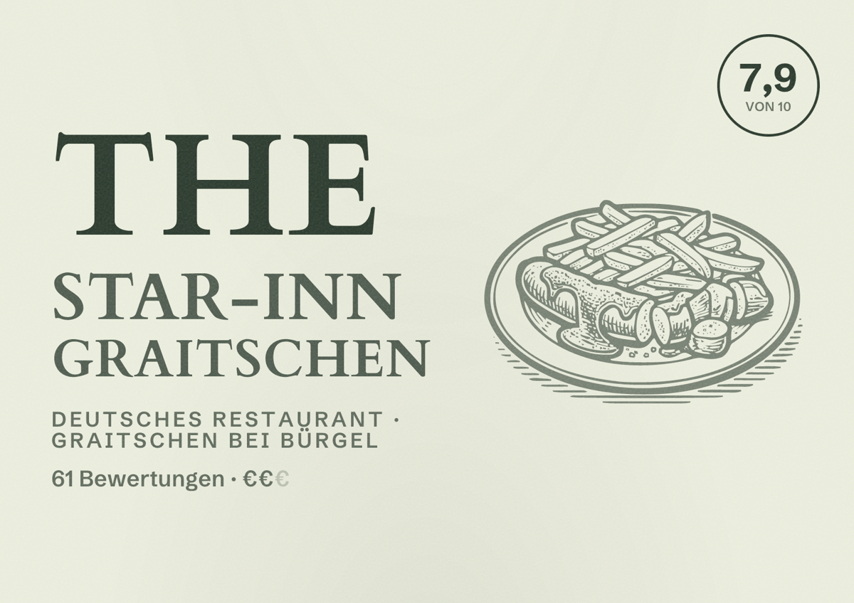 Illustriertes Poster von The Star-Inn Graitschen, Deutsches Restaurant in Graitschen bei Bürgel: Bewertung 7,9 von 10 aus 61 Bewertungen, Preisniveau €€