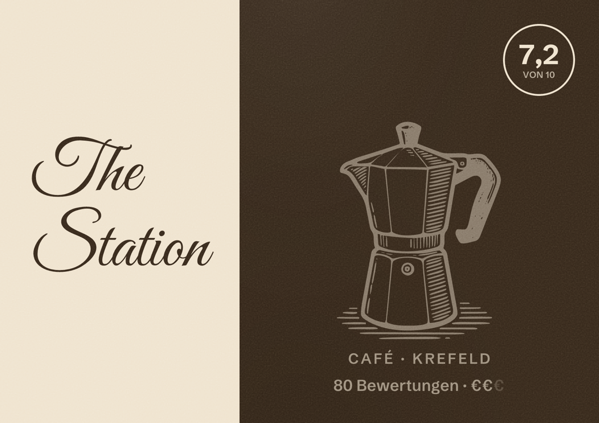 Illustriertes Poster von The Station, Café in Krefeld: Bewertung 7,2 von 10 aus 80 Bewertungen, Preisniveau €€