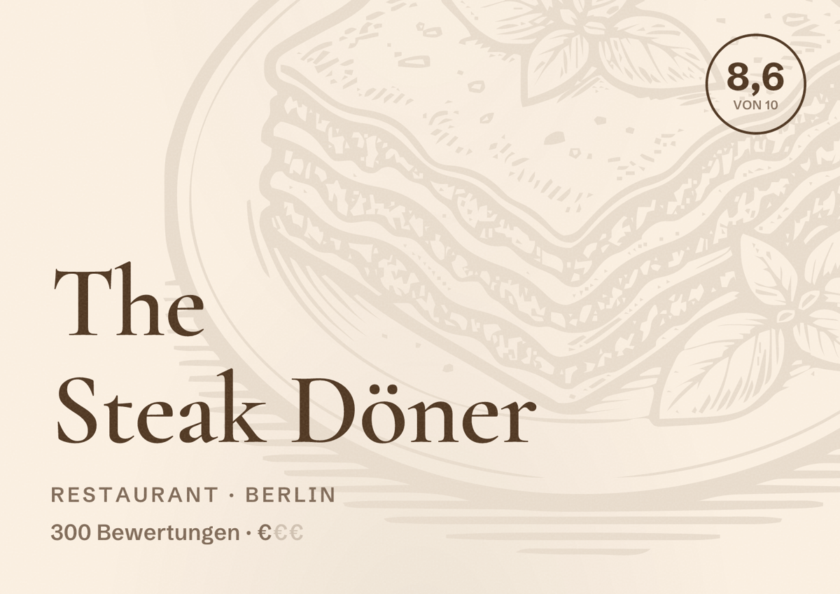 Illustriertes Poster von The Steak Döner, Restaurant in Berlin: Bewertung 8,6 von 10 aus 300 Bewertungen, Preisniveau €