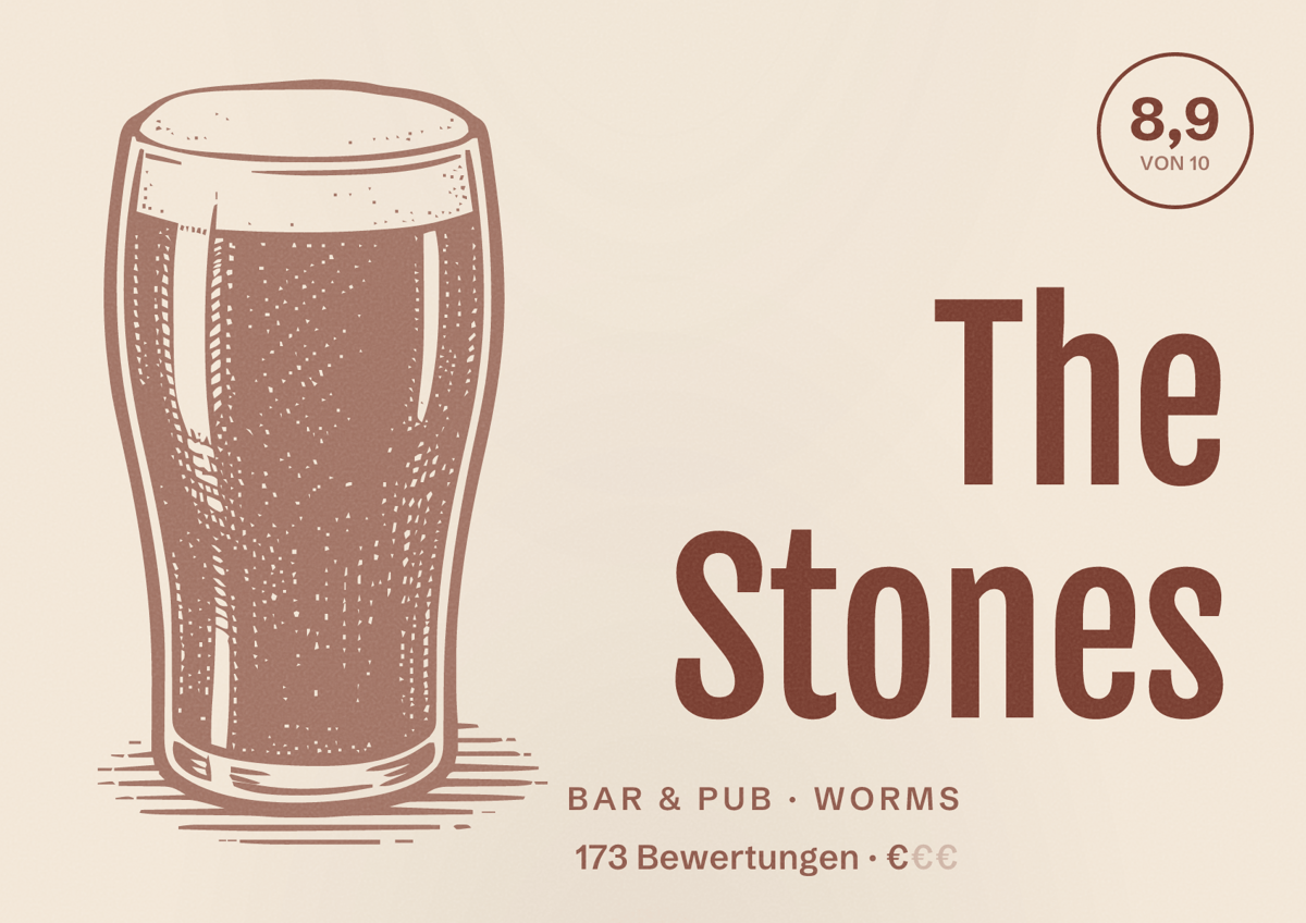 Illustriertes Poster von The Stones, Bar & Pub in Worms: Bewertung 8,9 von 10 aus 173 Bewertungen, Preisniveau €