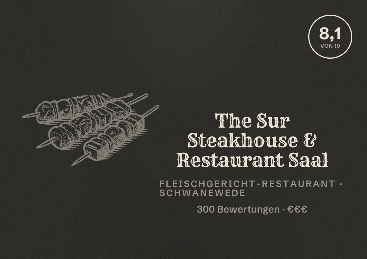 Illustriertes Poster von The Sur Steakhouse & Restaurant Saal, Fleischgericht-Restaurant in Schwanewede: Bewertung 8,1 von 10 aus 300 Bewertungen, Preisniveau €€€