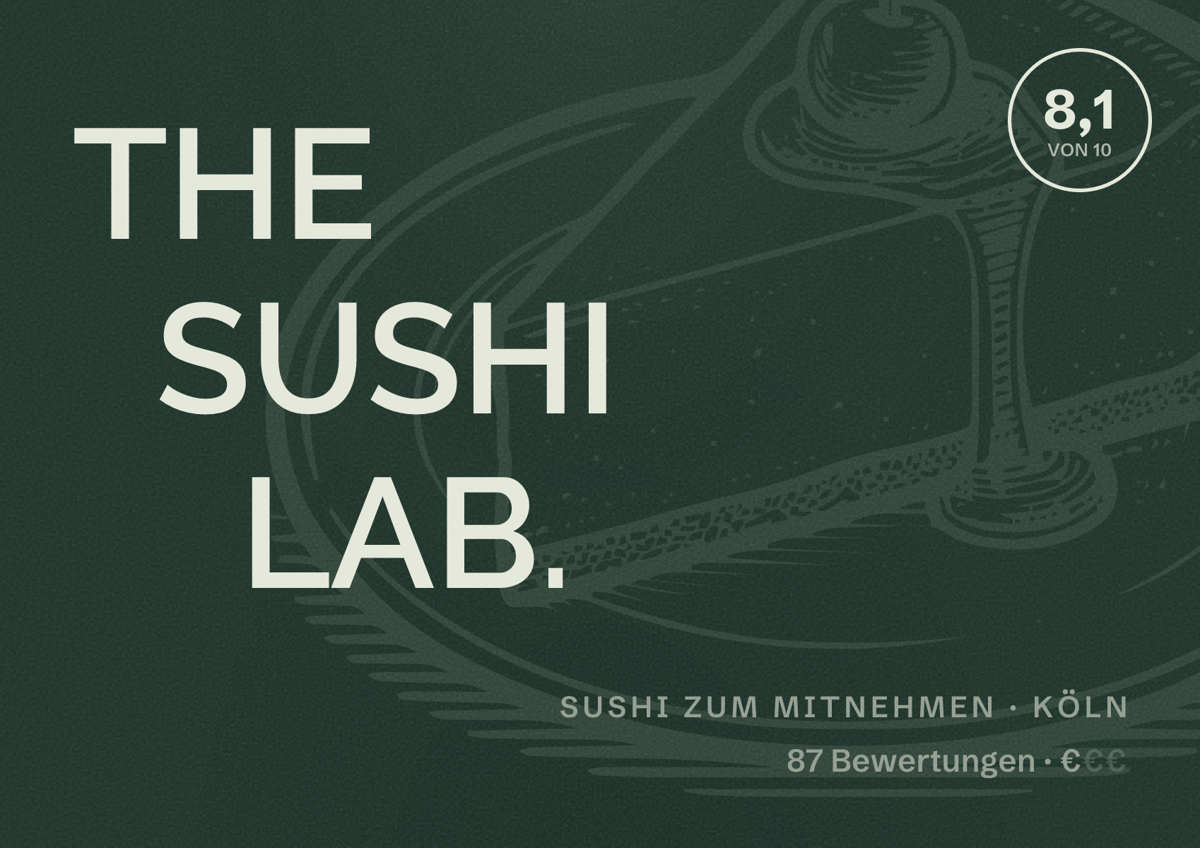 Illustriertes Poster von THE SUSHI LAB., Sushi zum Mitnehmen in Köln: Bewertung 8,1 von 10 aus 87 Bewertungen, Preisniveau €