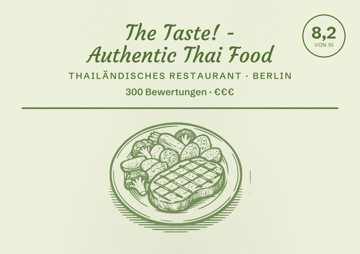 Illustriertes Poster von The Taste! - Authentic Thai Food, Thailändisches Restaurant in Berlin: Bewertung 8,2 von 10 aus 300 Bewertungen, Preisniveau €€€