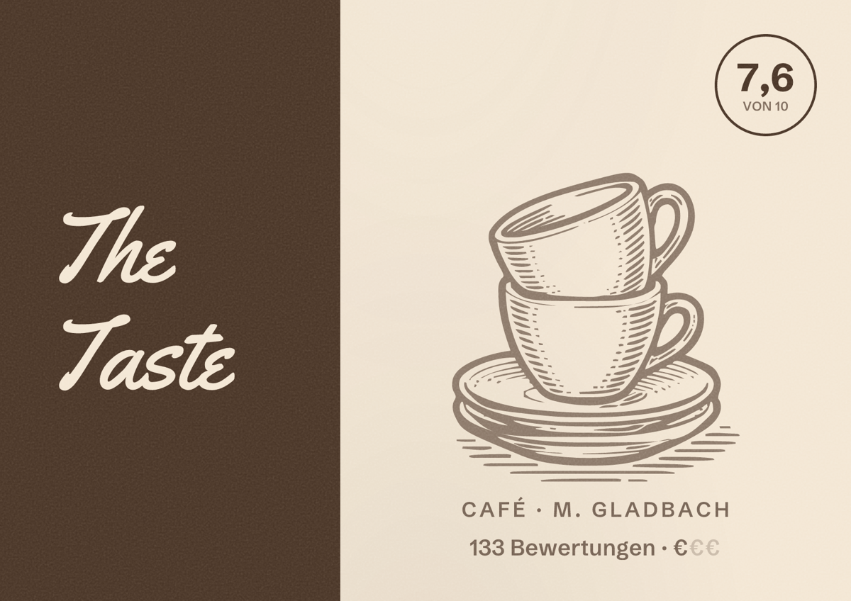 Illustriertes Poster von The Taste, Café in M. Gladbach: Bewertung 7,6 von 10 aus 133 Bewertungen, Preisniveau €