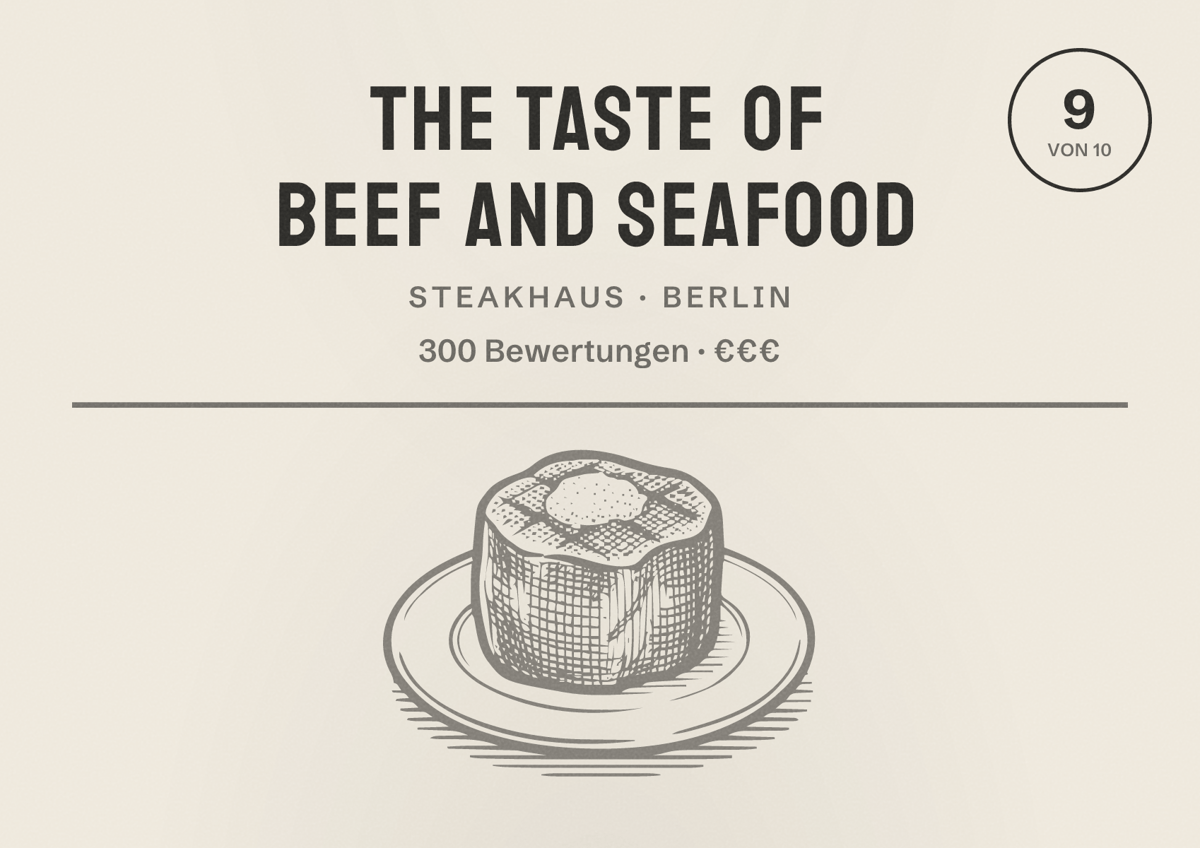 Illustriertes Poster von The Taste of Beef and Seafood, Steakhaus in Berlin: Bewertung 9 von 10 aus 300 Bewertungen, Preisniveau €€€