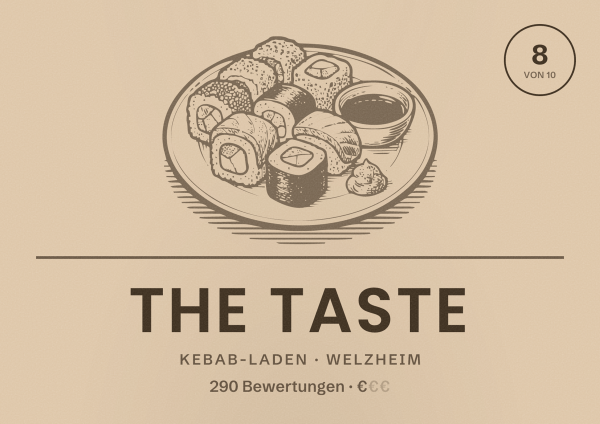 Illustriertes Poster von The Taste, Kebab-Laden in Welzheim: Bewertung 8 von 10 aus 290 Bewertungen, Preisniveau €
