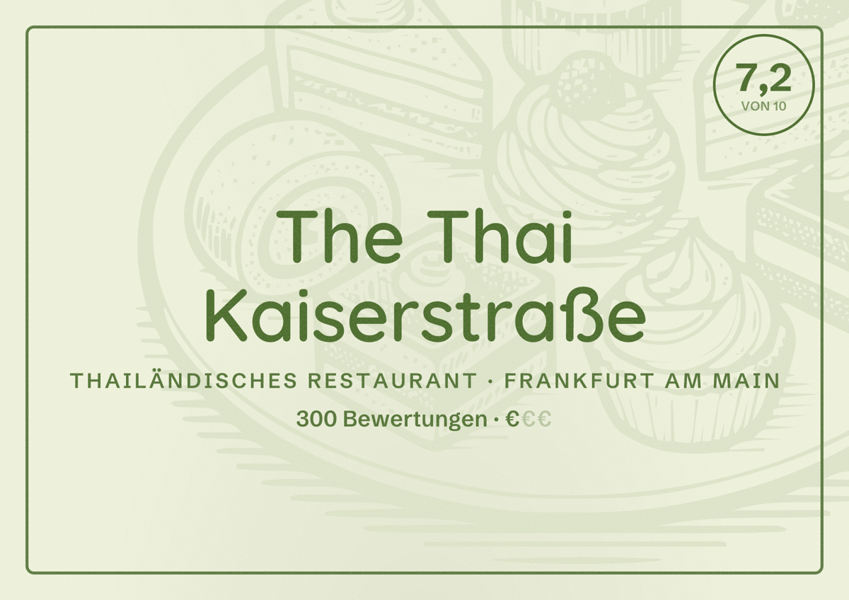Illustriertes Poster von The Thai Kaiserstraße, Thailändisches Restaurant in Frankfurt am Main: Bewertung 7,2 von 10 aus 300 Bewertungen, Preisniveau €