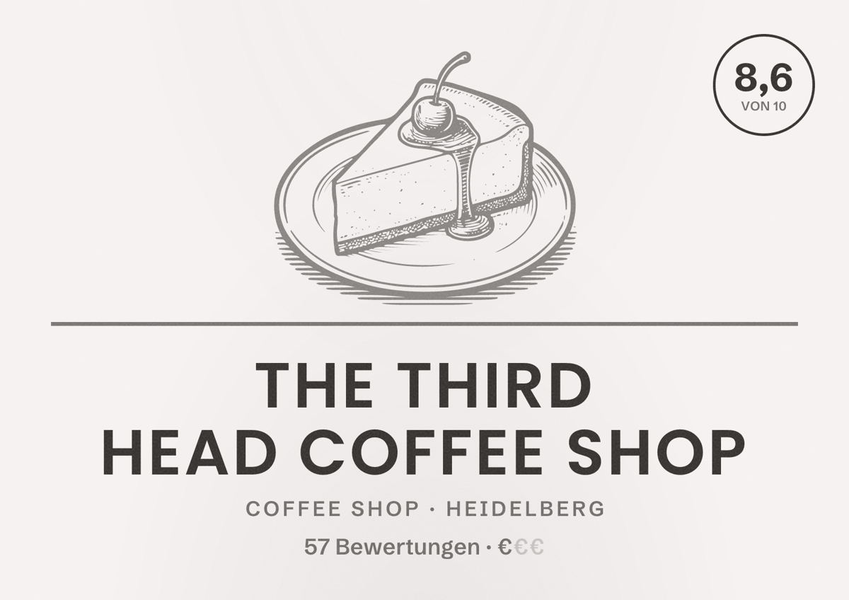 Illustriertes Poster von The Third Head Coffee shop, Coffee Shop in Heidelberg: Bewertung 8,6 von 10 aus 57 Bewertungen, Preisniveau €