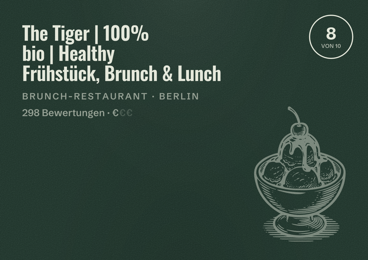 Illustriertes Poster von The Tiger | 100% bio | Healthy Frühstück, Brunch & Lunch, Brunch-Restaurant in Berlin: Bewertung 8 von 10 aus 298 Bewertungen, Preisniveau €