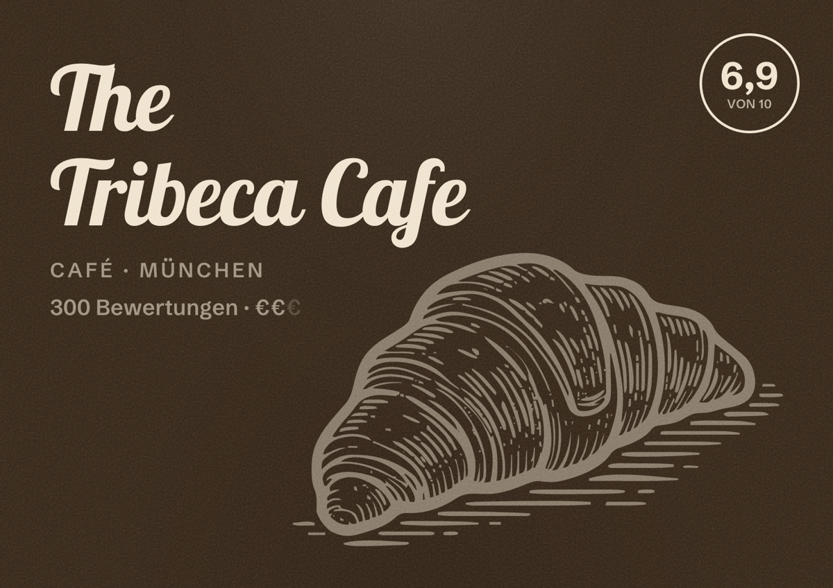 Illustriertes Poster von The Tribeca Cafe, Café in München: Bewertung 6,9 von 10 aus 300 Bewertungen, Preisniveau €€