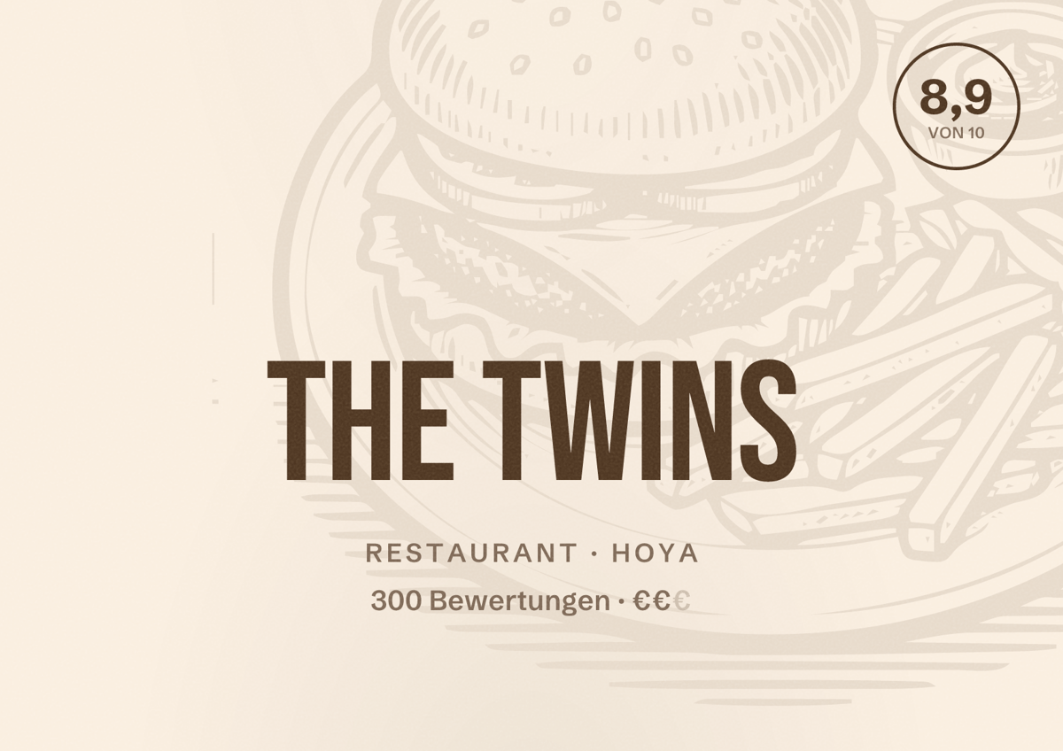 Illustriertes Poster von THE TWINS, Restaurant in Hoya: Bewertung 8,9 von 10 aus 300 Bewertungen, Preisniveau €€