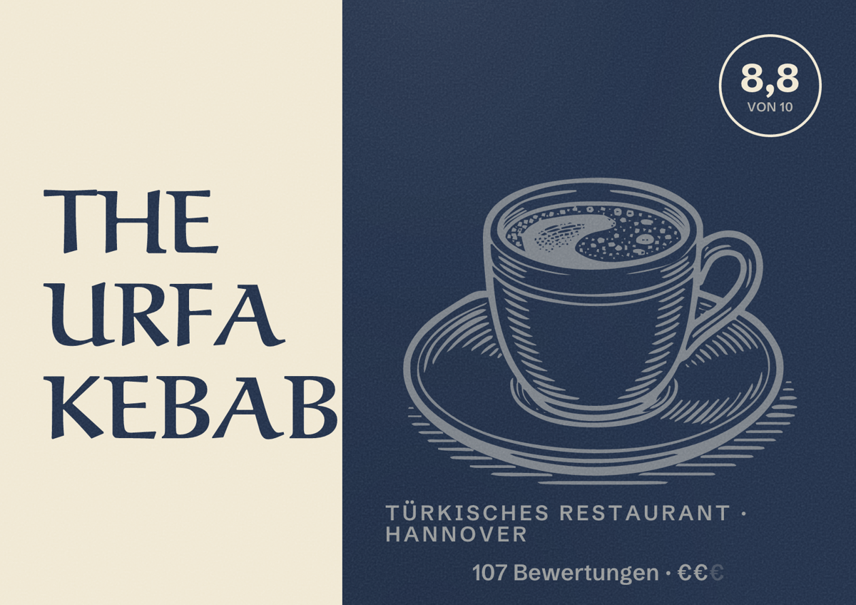 Illustriertes Poster von THE URFA KEBAB, Türkisches Restaurant in Hannover: Bewertung 8,8 von 10 aus 107 Bewertungen, Preisniveau €€