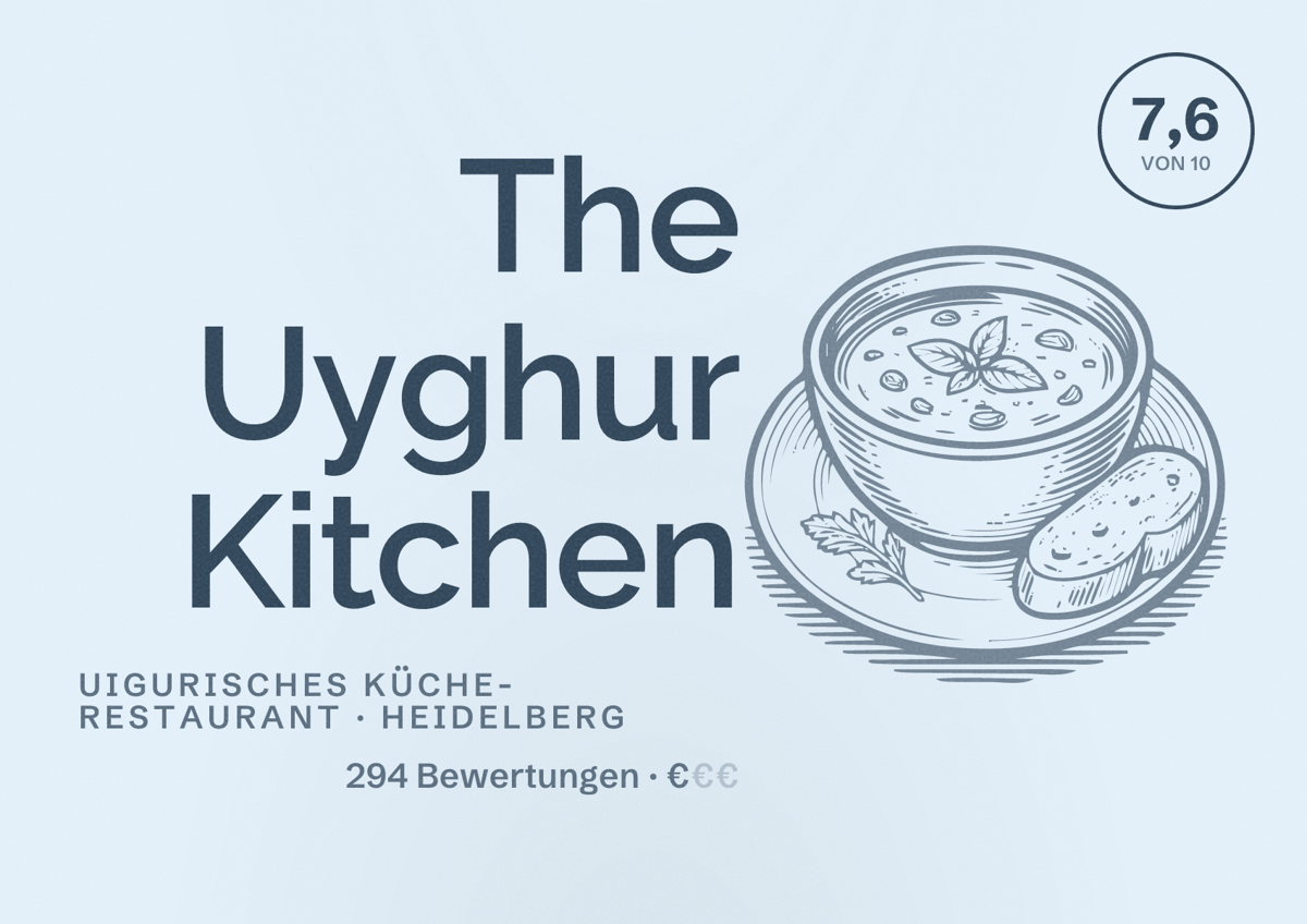 Illustriertes Poster von The Uyghur Kitchen, Uigurisches Küche-Restaurant in Heidelberg: Bewertung 7,6 von 10 aus 294 Bewertungen, Preisniveau €