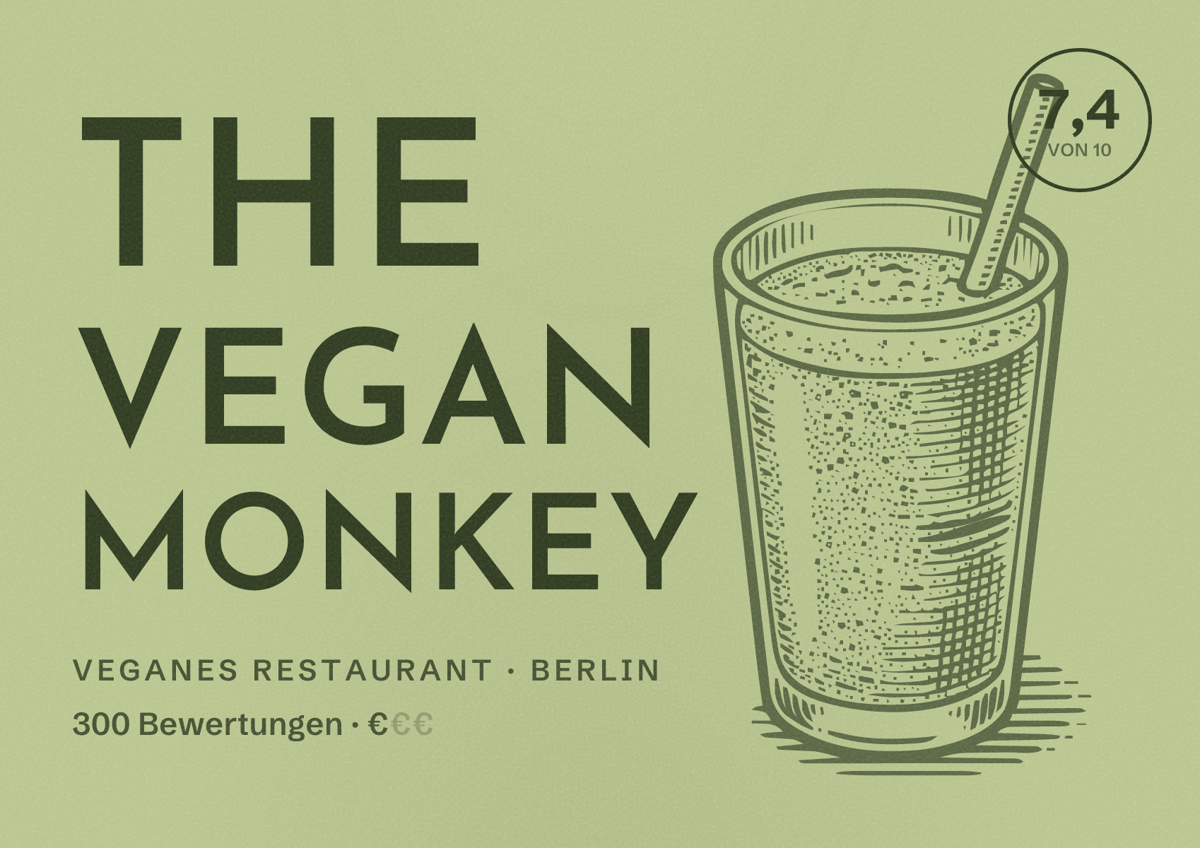 Illustriertes Poster von The Vegan Monkey, Veganes Restaurant in Berlin: Bewertung 7,4 von 10 aus 300 Bewertungen, Preisniveau €