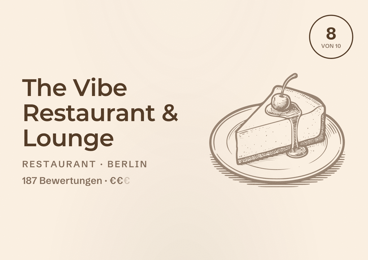 Illustriertes Poster von The Vibe Restaurant & Lounge, Restaurant in Berlin: Bewertung 8 von 10 aus 187 Bewertungen, Preisniveau €€