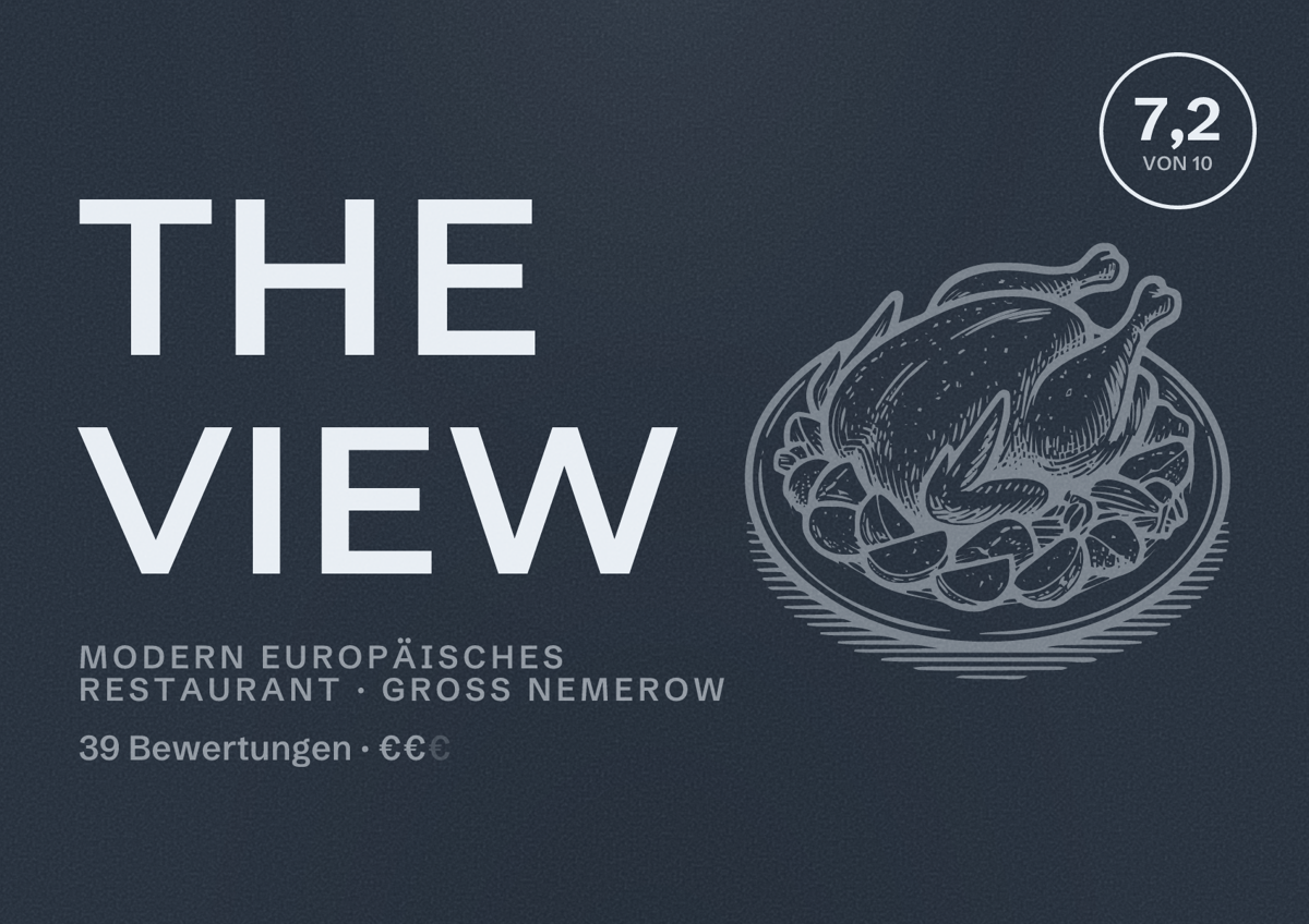 Illustriertes Poster von The View, Modern europäisches Restaurant in Groß Nemerow: Bewertung 7,2 von 10 aus 39 Bewertungen, Preisniveau €€